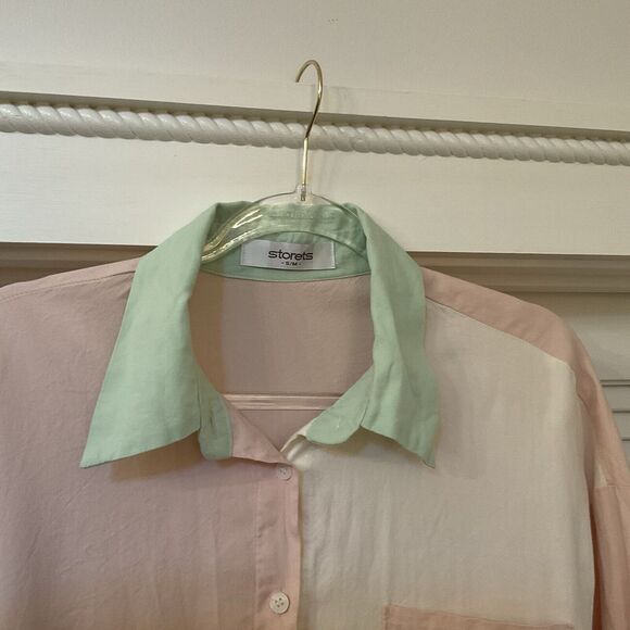 Storets Womens Color Block Long Sleeve Button-Up Blouse Green Pink, S/M - Picture 6 of 11